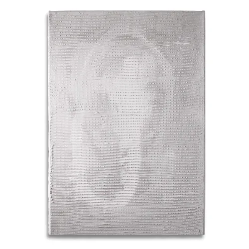 Abstraktes Bild auf einer 55 x 80 cm großen Leinwand. Das Bild zeigt zwischen einer rasterartig aufgetragenen, hellgrauen Noppenstruktur aus Acryl eine Ohrmuschel. | Wolfram Schäfers – mixed-art