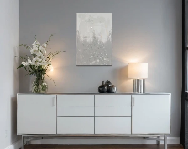 Abstraktes Bild das über einem Sideboard in einem Raumhängt. Es zeigt eine Nebellandschaft, mit Glassplittern über grauen Feldern.  – mixed-art