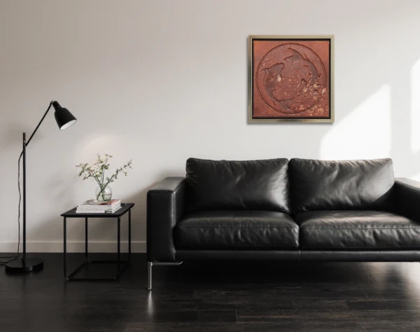 Abstraktes Bild auf Leinwand über einem dunklem Ledersofa. Oxidierte Oxydmischung zeigt das Sternzeichen Fisch, wie auf einer alten verrosteten Metallplatte. – Wolfram Schäfers