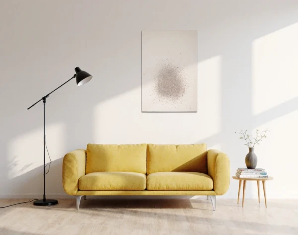 Eine mit feinem, hellem Aschestaub gestaltete Leinwand, in deren Mitte eine zarte Staubwolke niederzugehen scheint, hängt über einem Curry farbigem Sofa. – mixed-art