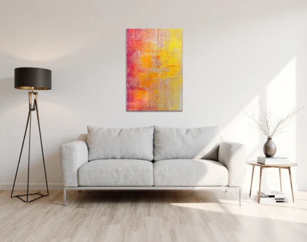 Abstraktes Bild über einem hellen Sofa in einem Wohnraum. Das Bild zeigt eine Vier die in einem Raster aus farbiger Acrylfarbe, vermischt mit einer oxidierten Oxydmischung, hervorsticht. Von dem Künstler Wolfram Schäfers. | mixed-art
