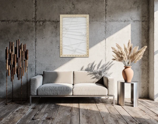 In Holz gefasste helle Leinwand über einem hellen Sofa. In dem Bild sind helle Schnüre, die mehrere Kugeln halten, gespannt. Von dem zeitgenössischen Künstler Wolfram Schäfers. | mixed-art