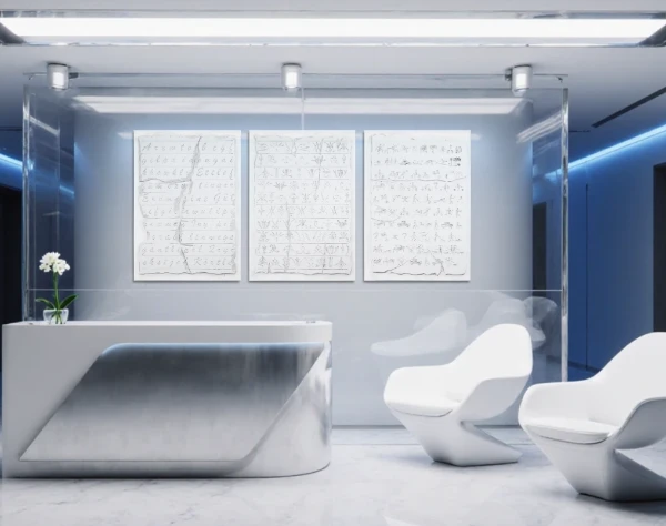 Drei Bild, auf der Symbole wie auf zerbrochenen Steinplatte zu sehen sind, hängen in einem hypermodern eingerichteten Raum. Von dem zeitgenössischen Künstler Wolfram Schäfers. – mixed-art