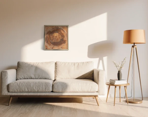 Zwischen zwei Glasscheiben, erscheint ein Bild wie aus fernen Galaxien. Das Bild hängt in einem goldenen Rahmen über einem hellen Sofa. Von dem zeitgenössischen Künstler Wolfram Schäfers. – mixed-art