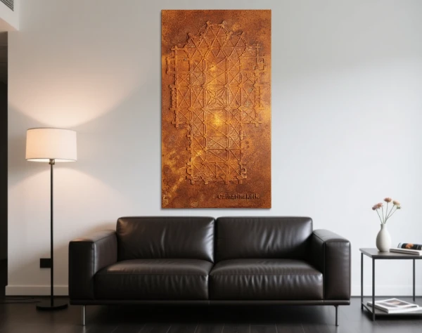 Bild über einem dunklen Ledersofa in einem Wohnraum. Das Bild zeigt den Grundriss der Catharinakerk in Eindhoven und besteht aus einer Acryl-, Oxydmischung und Applikationen auf einer Leinwand. In der Anmutung einer alten verrosteten Stahlplatte. Von dem zeitgenössischen Künstler Wolfram Schäfers. – mixed-art