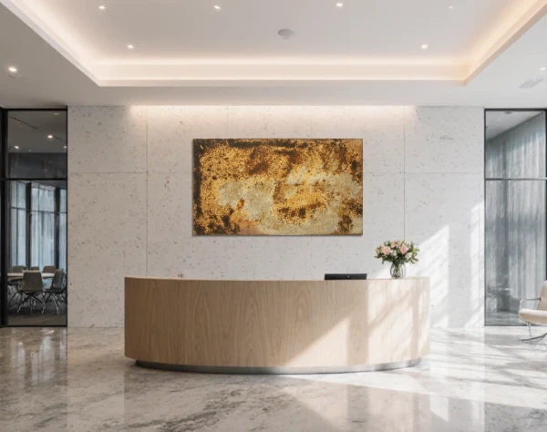 Abstraktes Bild einer Wüstenei auf einer Leinwand, über dem Tresen einer in einer großen Empfangshalle. – Wolfram Schäfers