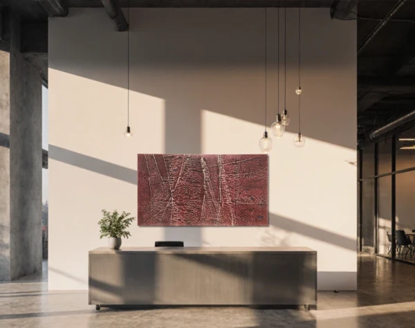 ImageIn einer Empfangshalle hängt hinter dem Tresen eine mit farbigen Folien dunkel und weinrot gestaltete Leinwand, über die sich helle Linien zwischen unerklärlichen Artefakten ziehen. – mixed-art