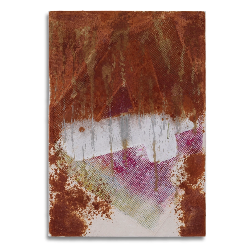 Leinwand im Format 55 x 80 cm mit aktivierter Acryloxydmischung im oberen Bildteil und gedeckten Acrylfarben im unteren Bildteil. In die Fläche ist die Zahl Vier durch ein Raster gespachtelt. | mixed-art - wolfram schäfers