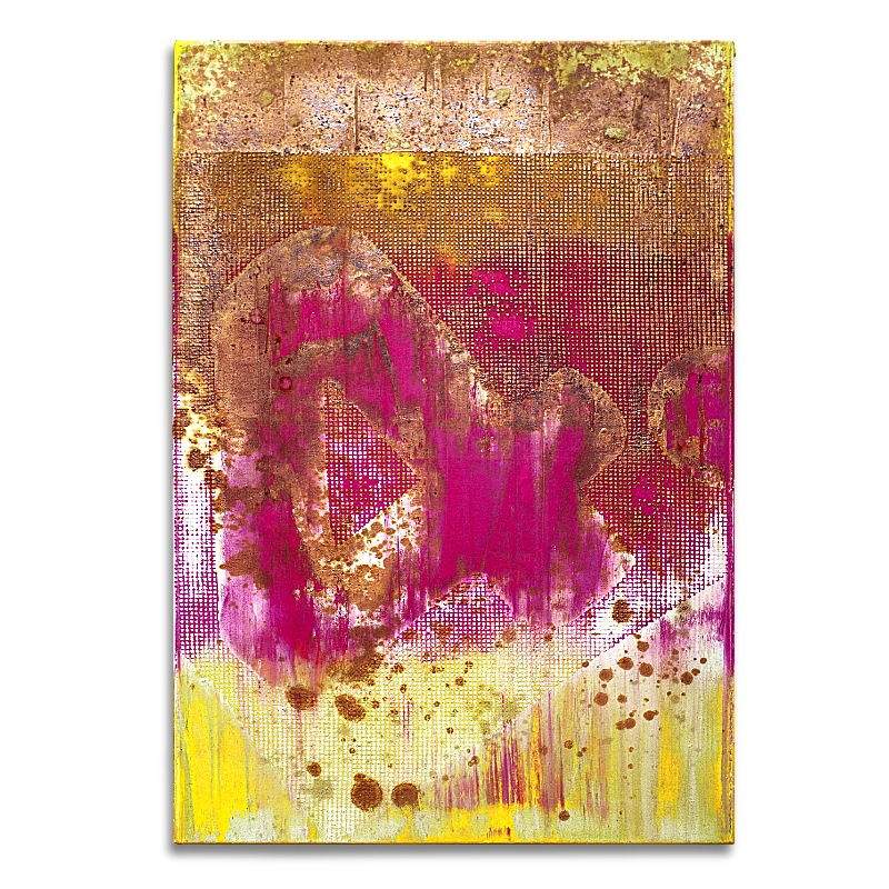 Abstraktes Bild auf einer 55 x 80 cm großen Leinwand. Eine Vier erscheint durch ein Raster aus farbiger Acrylfarbe vermischt mit einer oxidierten Oxydmischung. Von dem Künstler Wolfram Schäfers. | mixed-art